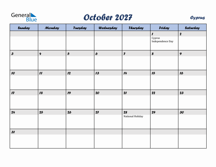 October 2027 Calendar with Holidays in Cyprus