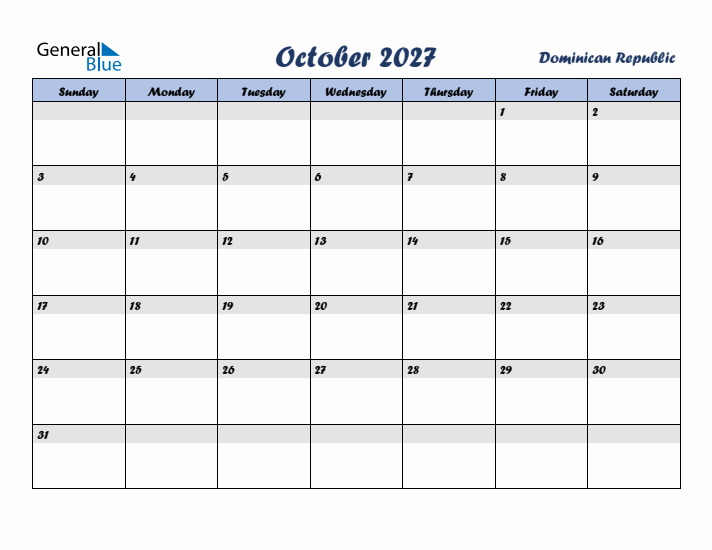 October 2027 Calendar with Holidays in Dominican Republic