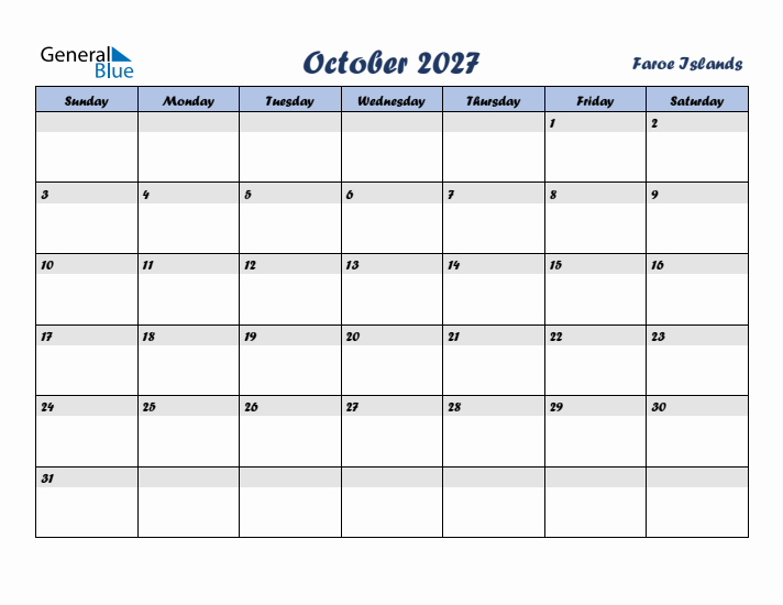 October 2027 Calendar with Holidays in Faroe Islands