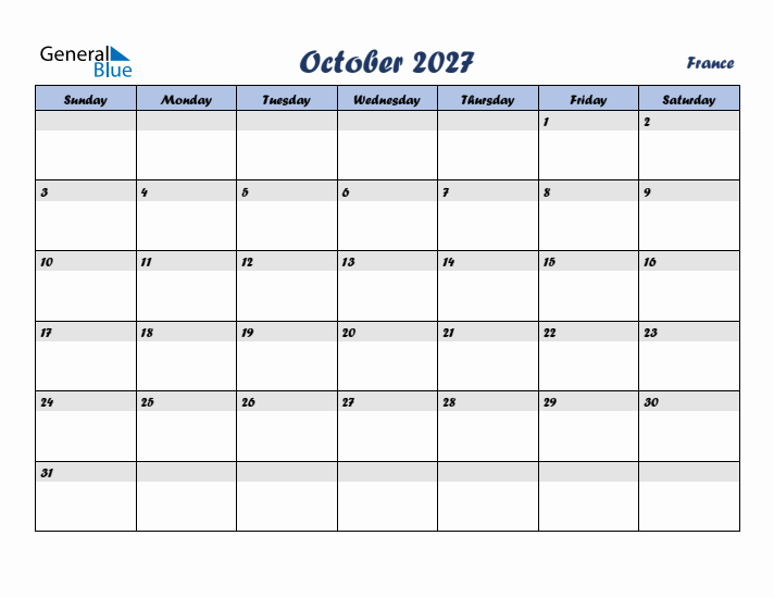 October 2027 Calendar with Holidays in France