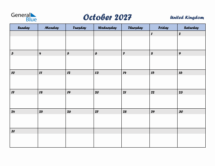 October 2027 Calendar with Holidays in United Kingdom