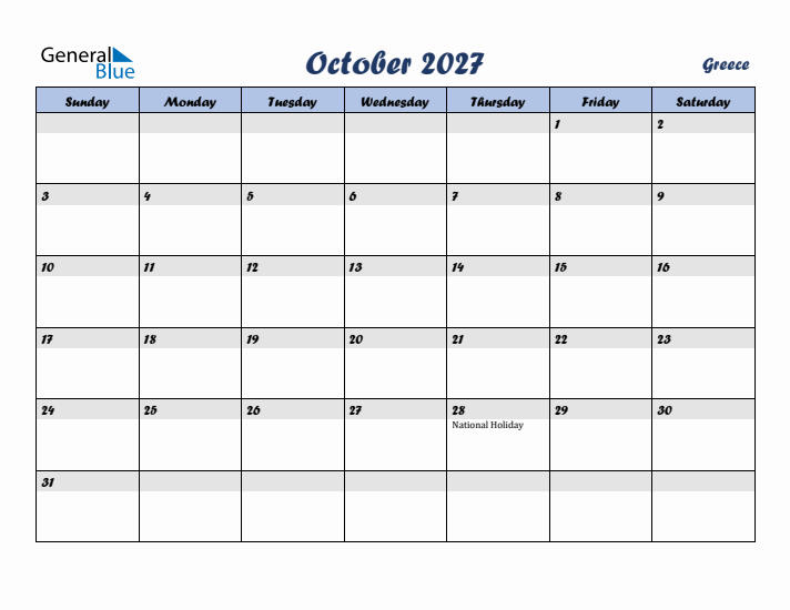 October 2027 Calendar with Holidays in Greece