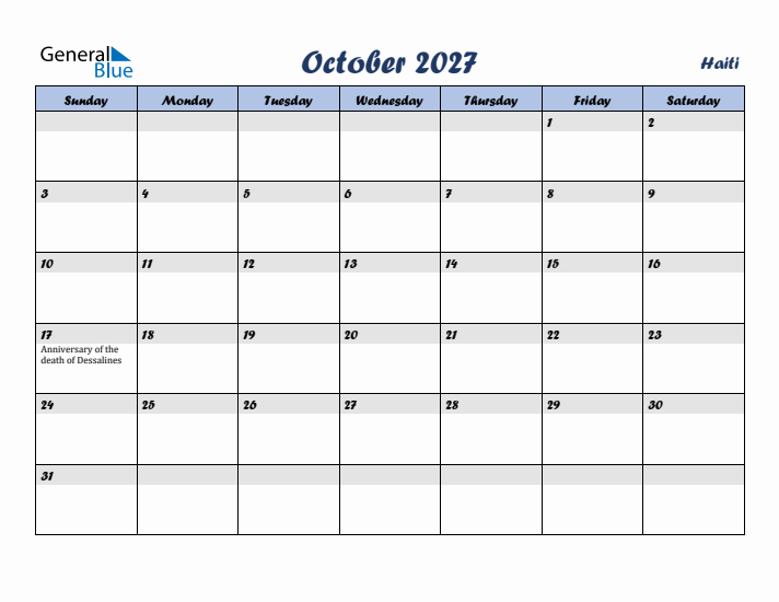 October 2027 Calendar with Holidays in Haiti