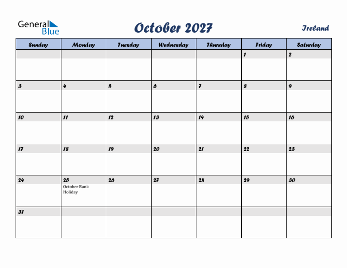 October 2027 Calendar with Holidays in Ireland