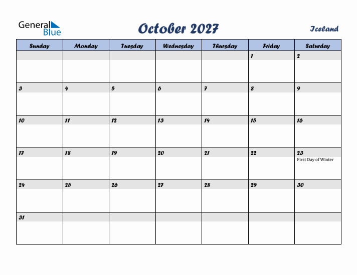October 2027 Calendar with Holidays in Iceland
