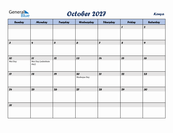 October 2027 Calendar with Holidays in Kenya