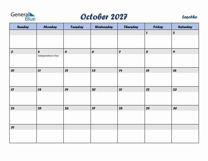 October 2027 Calendar with Holidays in Lesotho