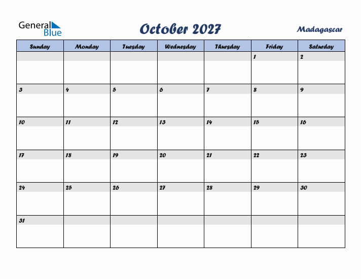 October 2027 Calendar with Holidays in Madagascar