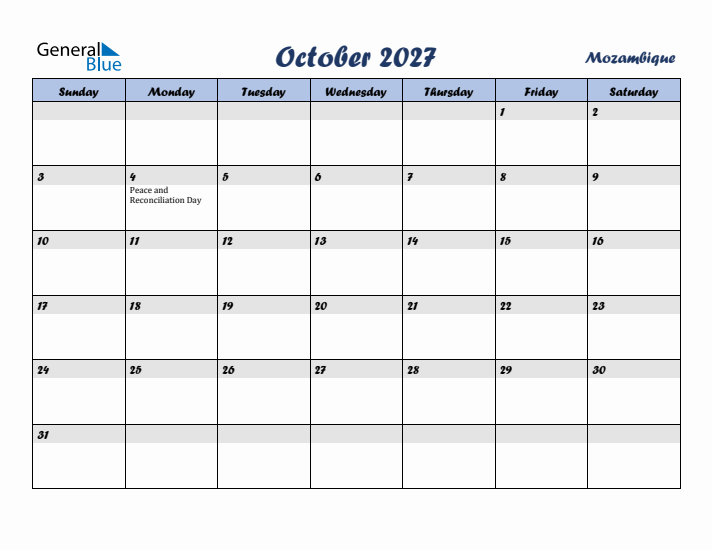 October 2027 Calendar with Holidays in Mozambique