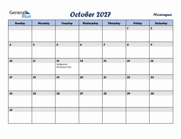 October 2027 Calendar with Holidays in Nicaragua