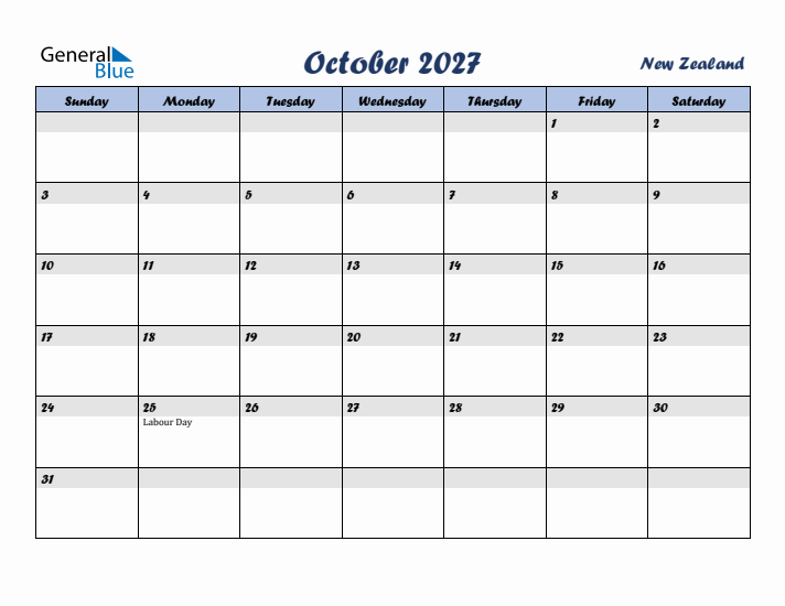 October 2027 Calendar with Holidays in New Zealand