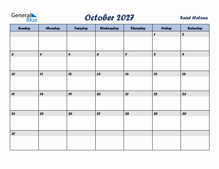 October 2027 Calendar with Holidays in Saint Helena