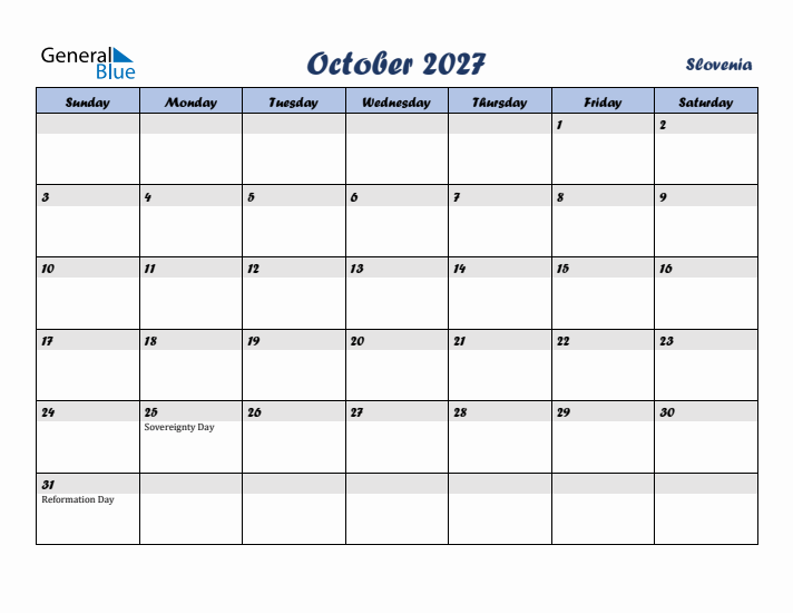October 2027 Calendar with Holidays in Slovenia
