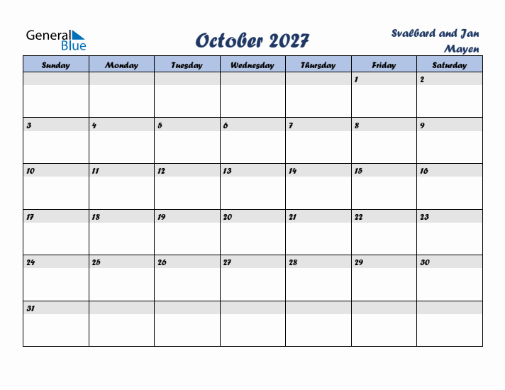 October 2027 Calendar with Holidays in Svalbard and Jan Mayen