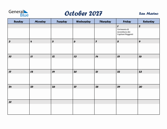 October 2027 Calendar with Holidays in San Marino