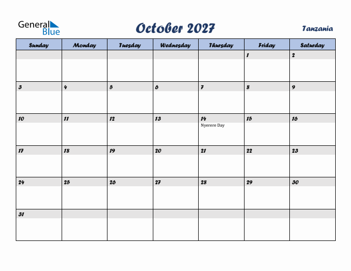 October 2027 Calendar with Holidays in Tanzania