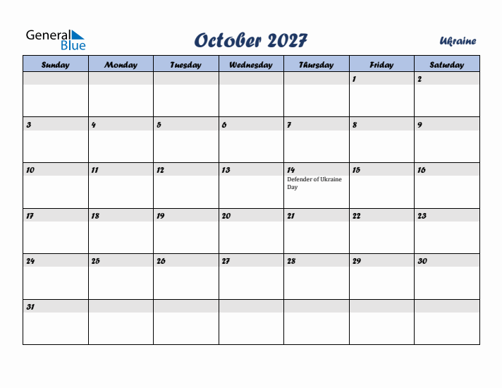 October 2027 Calendar with Holidays in Ukraine