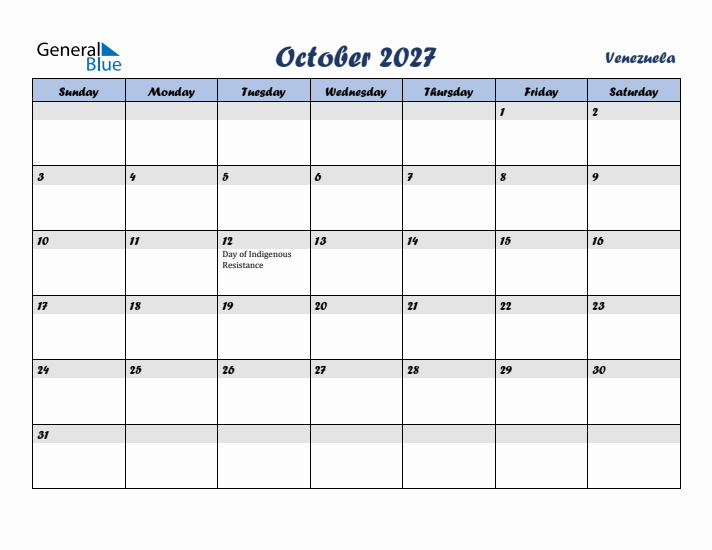 October 2027 Calendar with Holidays in Venezuela
