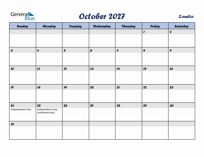 October 2027 Calendar with Holidays in Zambia
