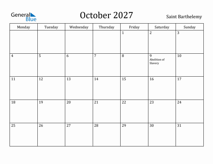 October 2027 Calendar Saint Barthelemy