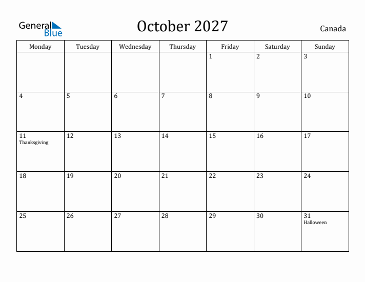 October 2027 Calendar Canada