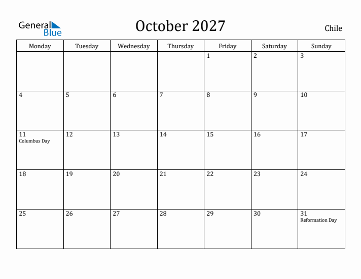 October 2027 Calendar Chile
