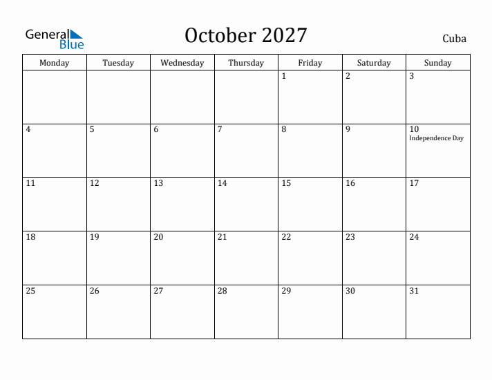 October 2027 Calendar Cuba