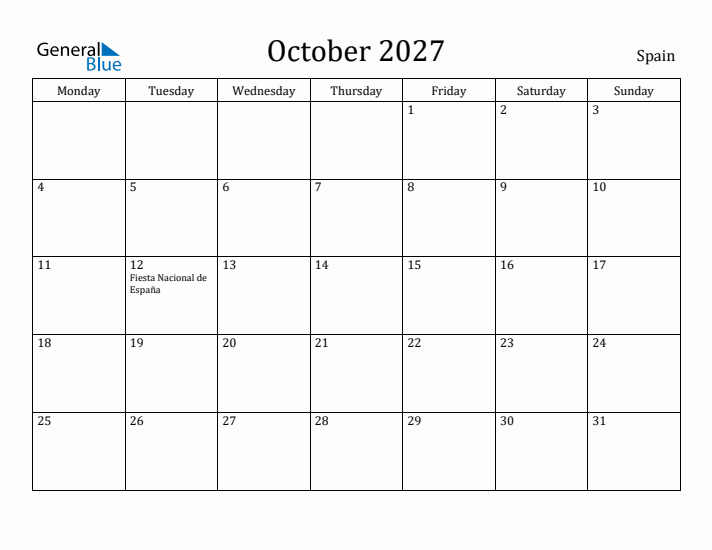 October 2027 Calendar Spain