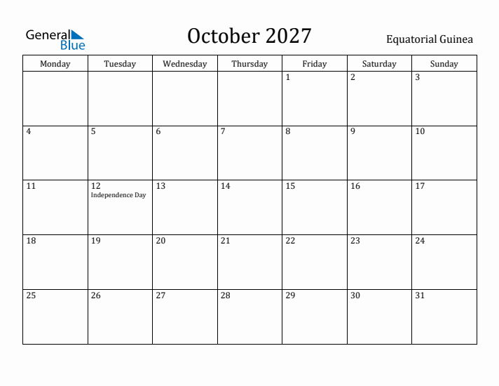 October 2027 Calendar Equatorial Guinea