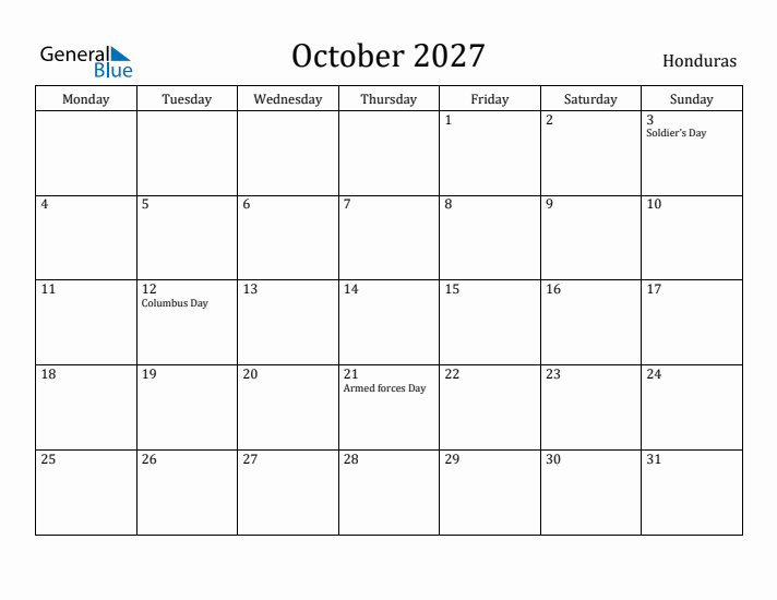 October 2027 Calendar Honduras