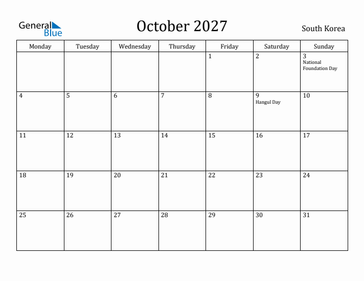 October 2027 Calendar South Korea