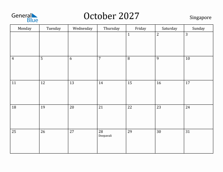 October 2027 Calendar Singapore