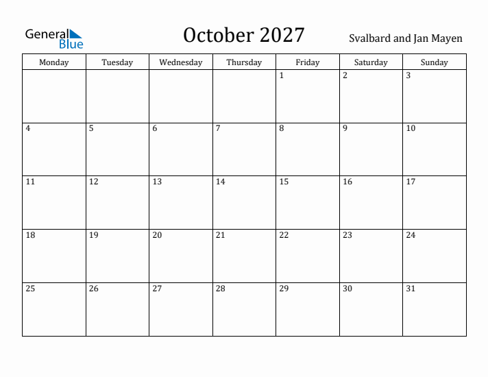 October 2027 Calendar Svalbard and Jan Mayen