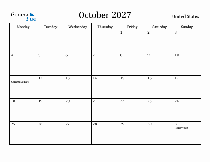 October 2027 Monthly Calendar with United States Holidays