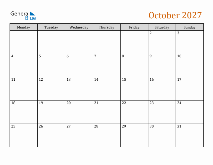 Editable October 2027 Calendar