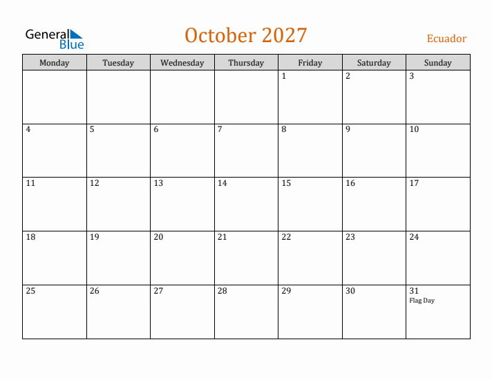 October 2027 Holiday Calendar with Monday Start