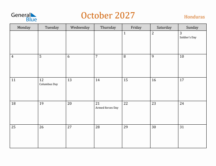 October 2027 Holiday Calendar with Monday Start
