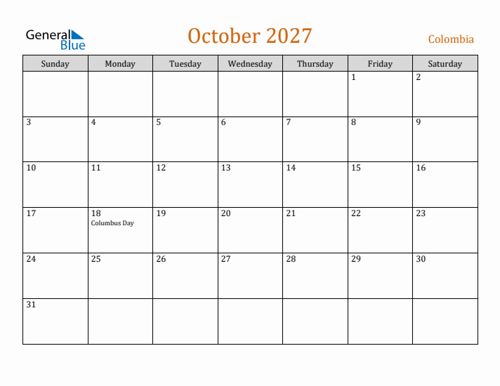 October 2027 Holiday Calendar with Sunday Start