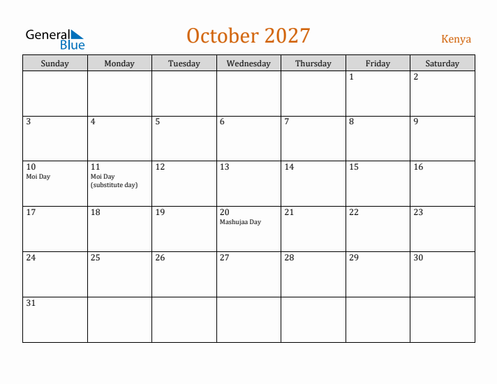 October 2027 Holiday Calendar with Sunday Start