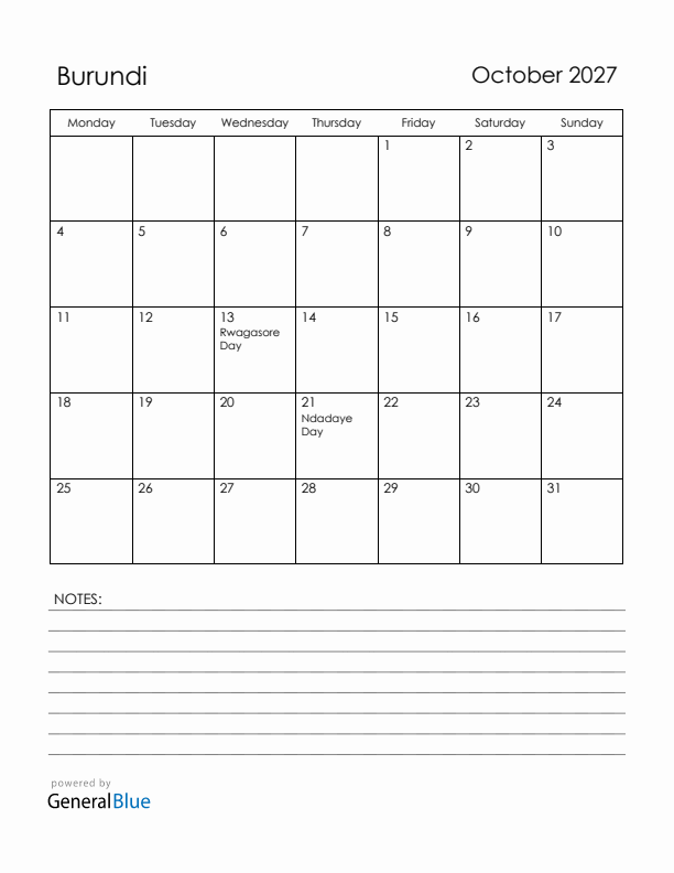 October 2027 Burundi Calendar with Holidays (Monday Start)