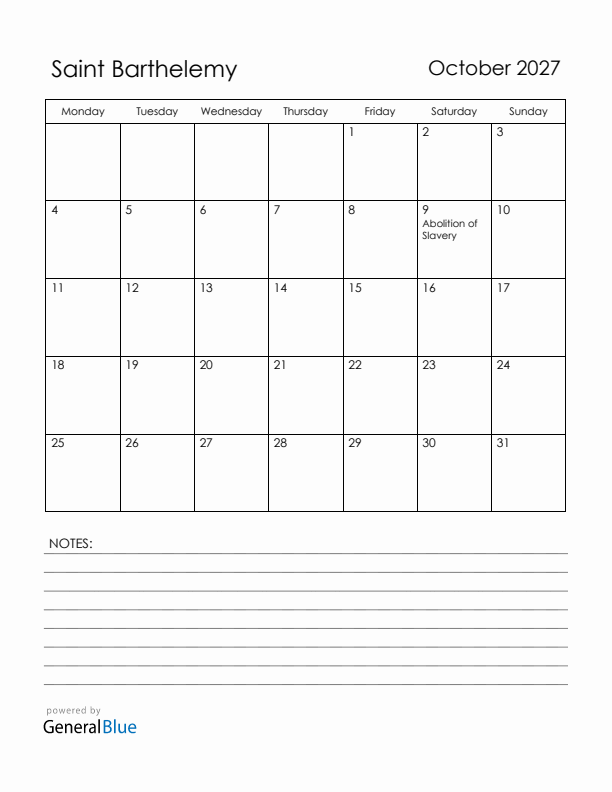October 2027 Saint Barthelemy Calendar with Holidays (Monday Start)