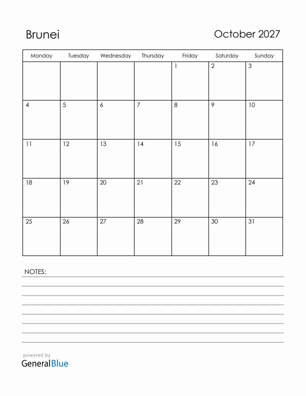 October 2027 Brunei Calendar with Holidays (Monday Start)