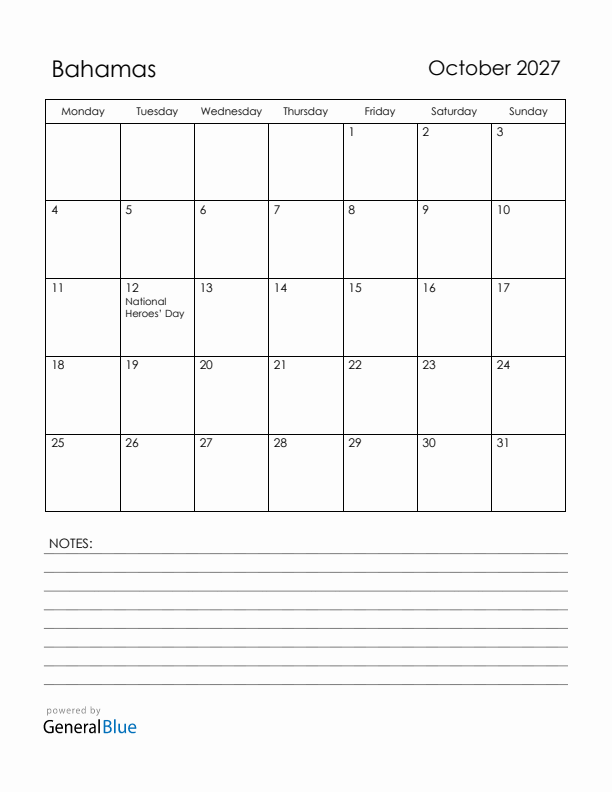 October 2027 Bahamas Calendar with Holidays (Monday Start)
