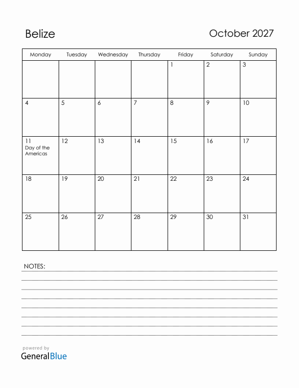 October 2027 Belize Calendar with Holidays (Monday Start)