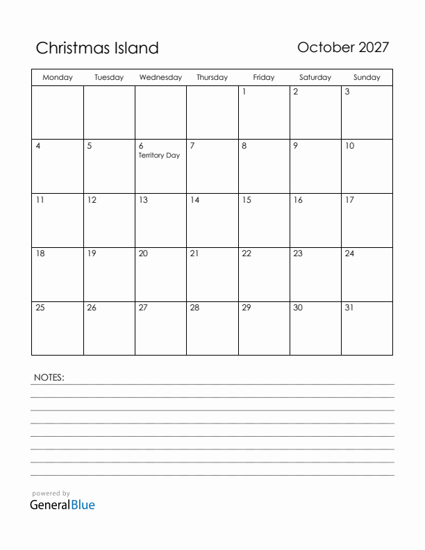 October 2027 Christmas Island Calendar with Holidays (Monday Start)