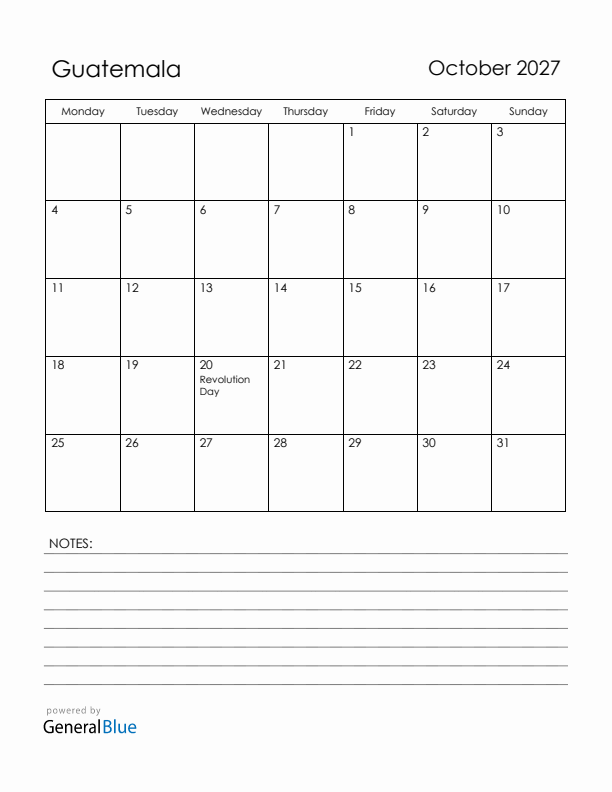 October 2027 Guatemala Calendar with Holidays (Monday Start)