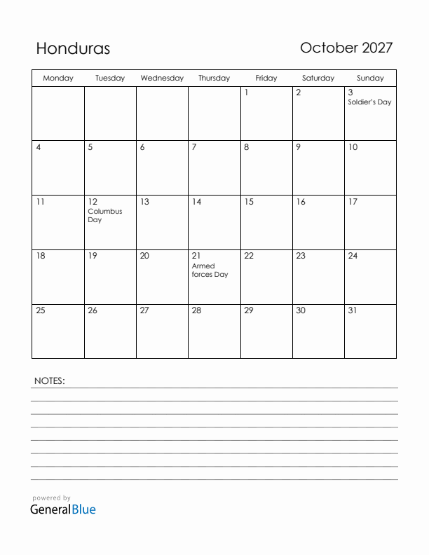 October 2027 Honduras Calendar with Holidays (Monday Start)