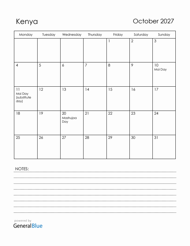October 2027 Kenya Calendar with Holidays (Monday Start)