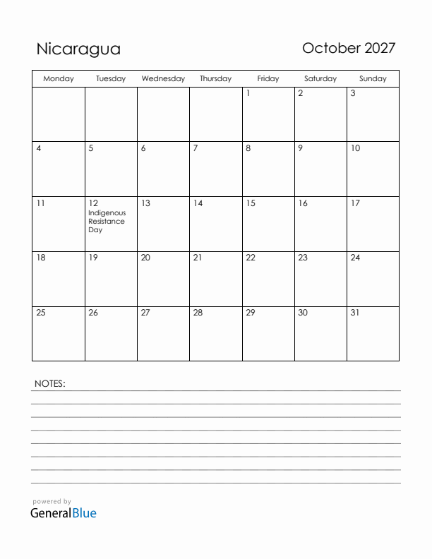 October 2027 Nicaragua Calendar with Holidays (Monday Start)