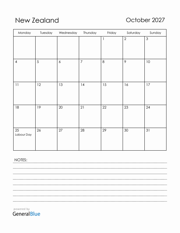 October 2027 New Zealand Calendar with Holidays (Monday Start)